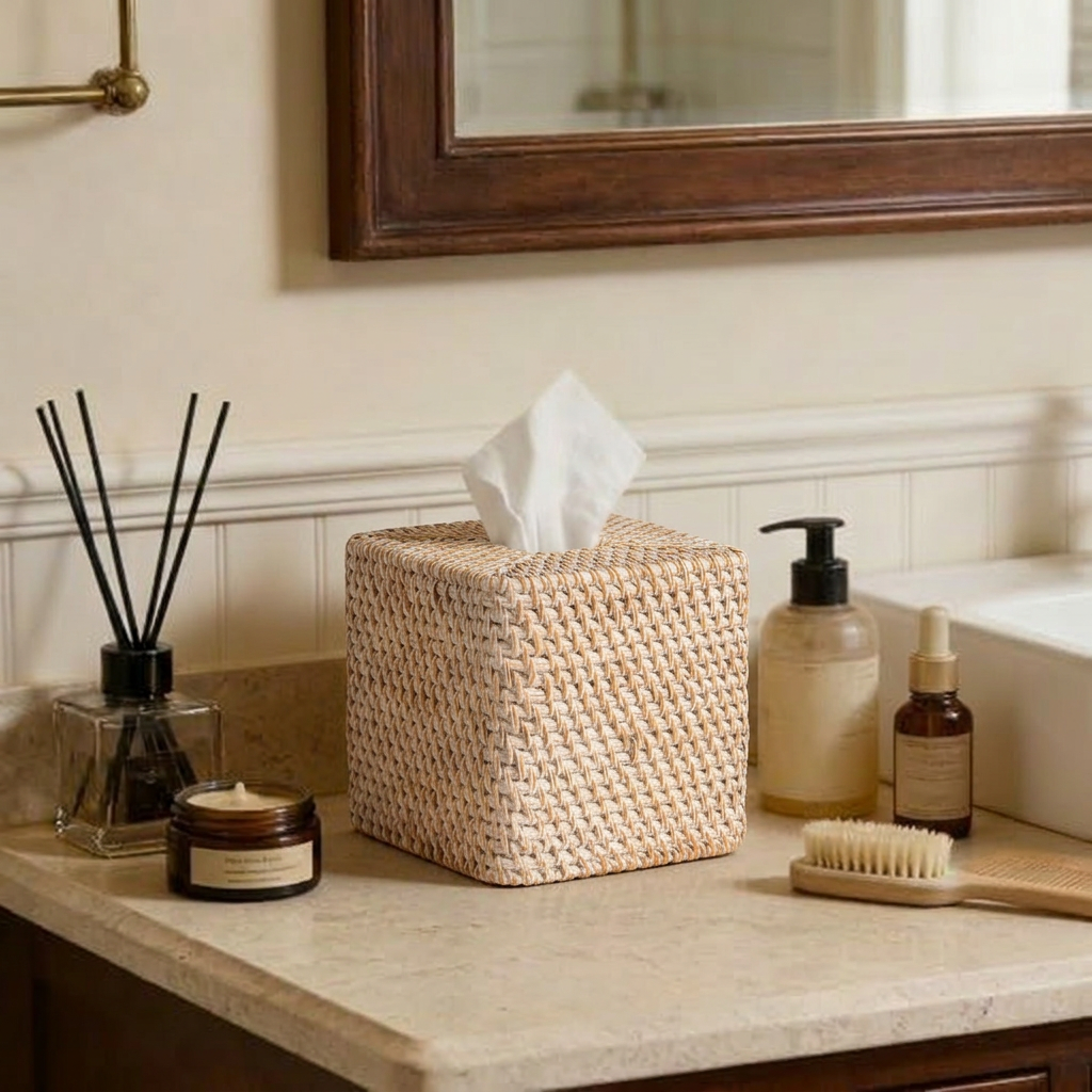 Tabl Rattan Tissue Box Square White Wash