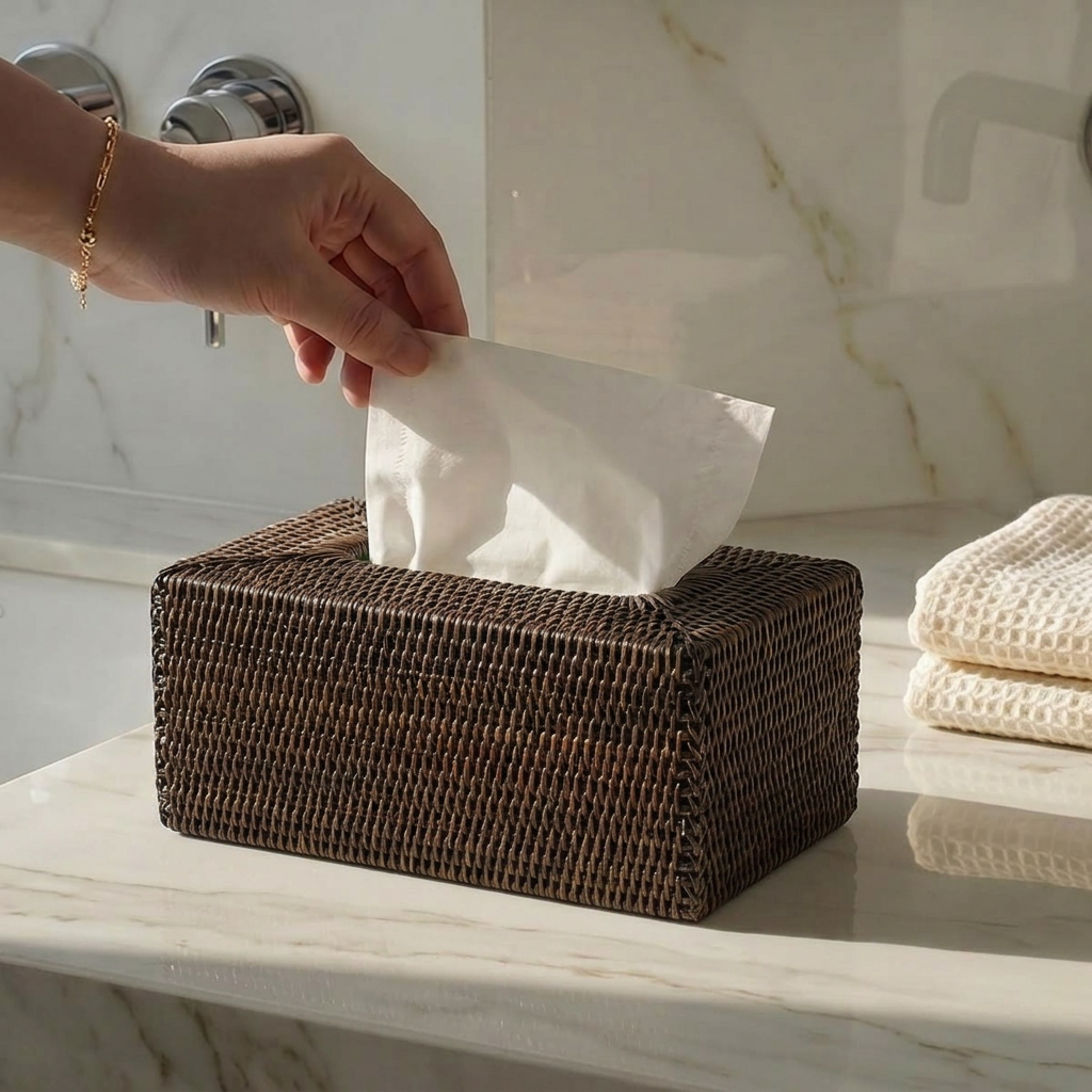 Tabl Rattan Tissue Box Rectangular Antique Brown
